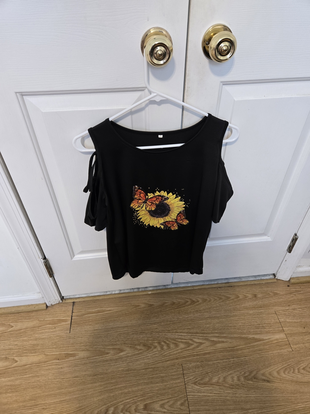 Black Cold-Shoulder Tee with Sunflower & Butterfly Graphic